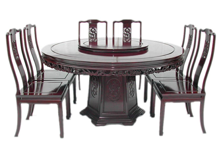 Beautiful Rosewood furniture, round carved Chinese dining table including 8 side chairs with lazy susan and carved pedestal
