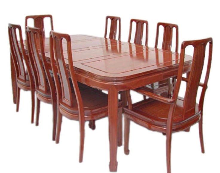 Chinese rosewood dining table with 6 high backed side chairs and 2 carvers, plain design, shown here in natural colour 2, other colours available.