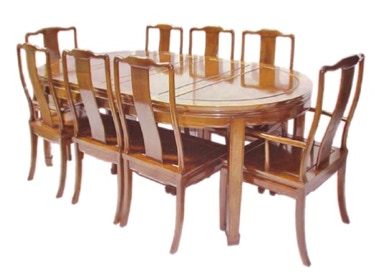 Chinese rosewood dining table including 6 side chairs + 2 arm chairs with 2 removable leaves, plain design - natural colour 2, other colours available.